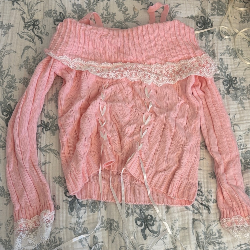 Pink Lace-Trim Off-Shoulder Cable Knit Sweater